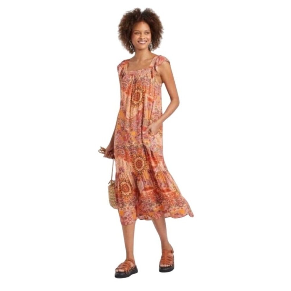 Knox Rose Boho Paisley Sleeveless Midi Dress Size S Flutter Sleeve Brown